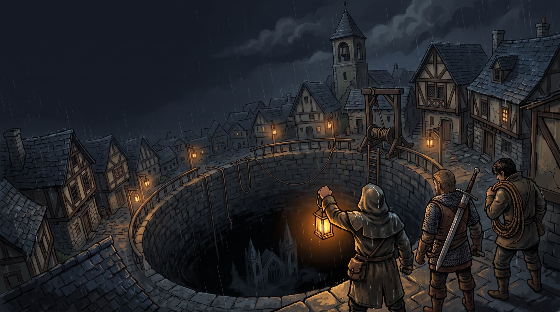 Key art: three adventurers with a lantern at the edge of the Pit in a rain-soaked town at night.