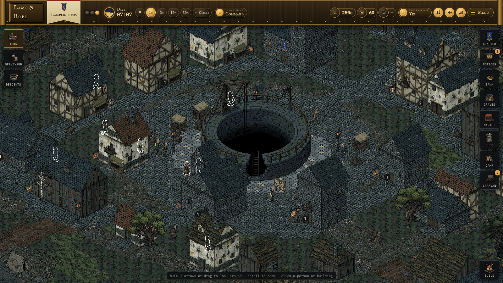 The isometric town of Hollowell by day, built around the Pit, with the game's brass HUD.